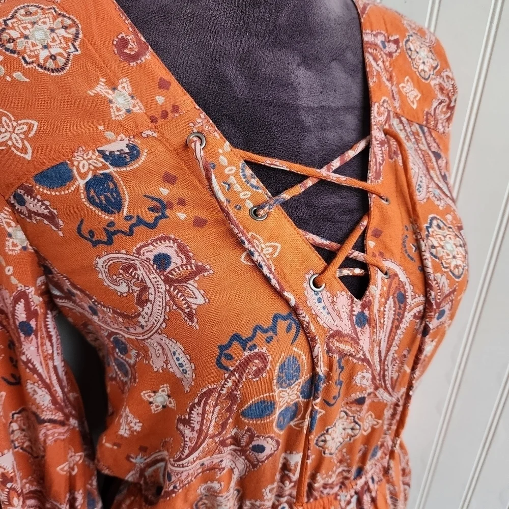 Abercrombie & Fitch Women's Paisley Romper Orange Long Sleeves Lace Up XS